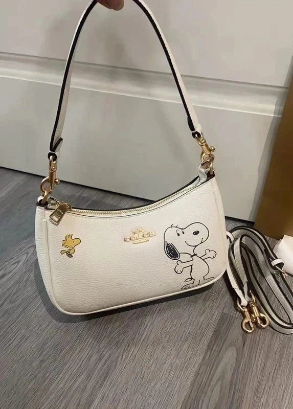 Coach Snoopy Peanuts White Leather Shoulder Bag Crossbody Purse with Gold Hardware
